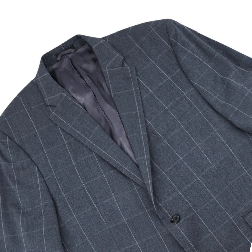 100% Wool Lauren Ralph Lauren Windowpane Plaid Grey Suit Jacket Blazer 46R Luxe